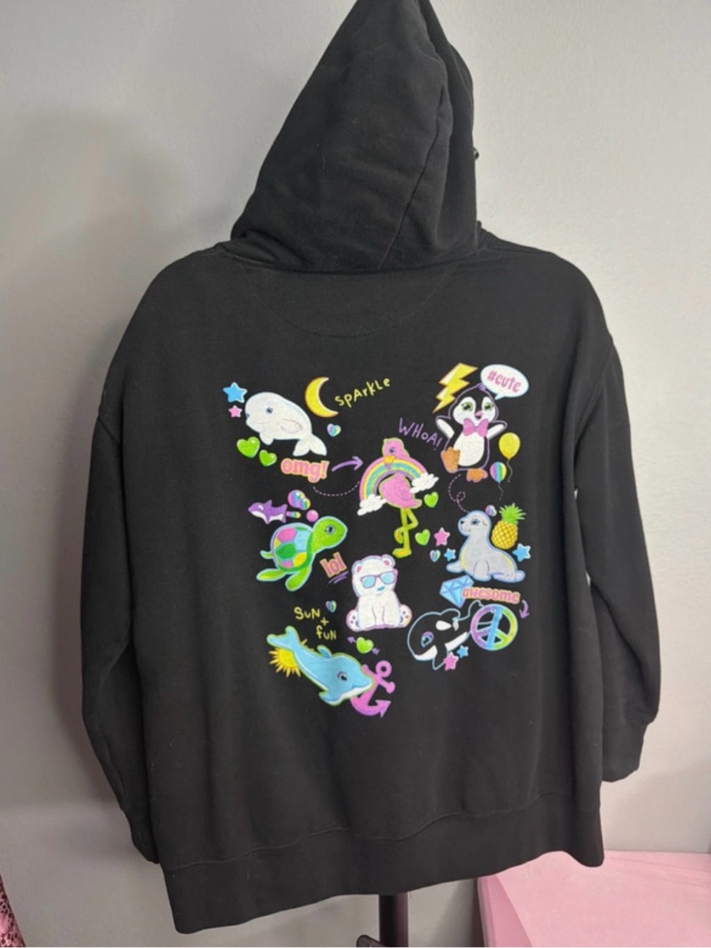 Kids Black Hoodie with Colorful Cartoon Pets